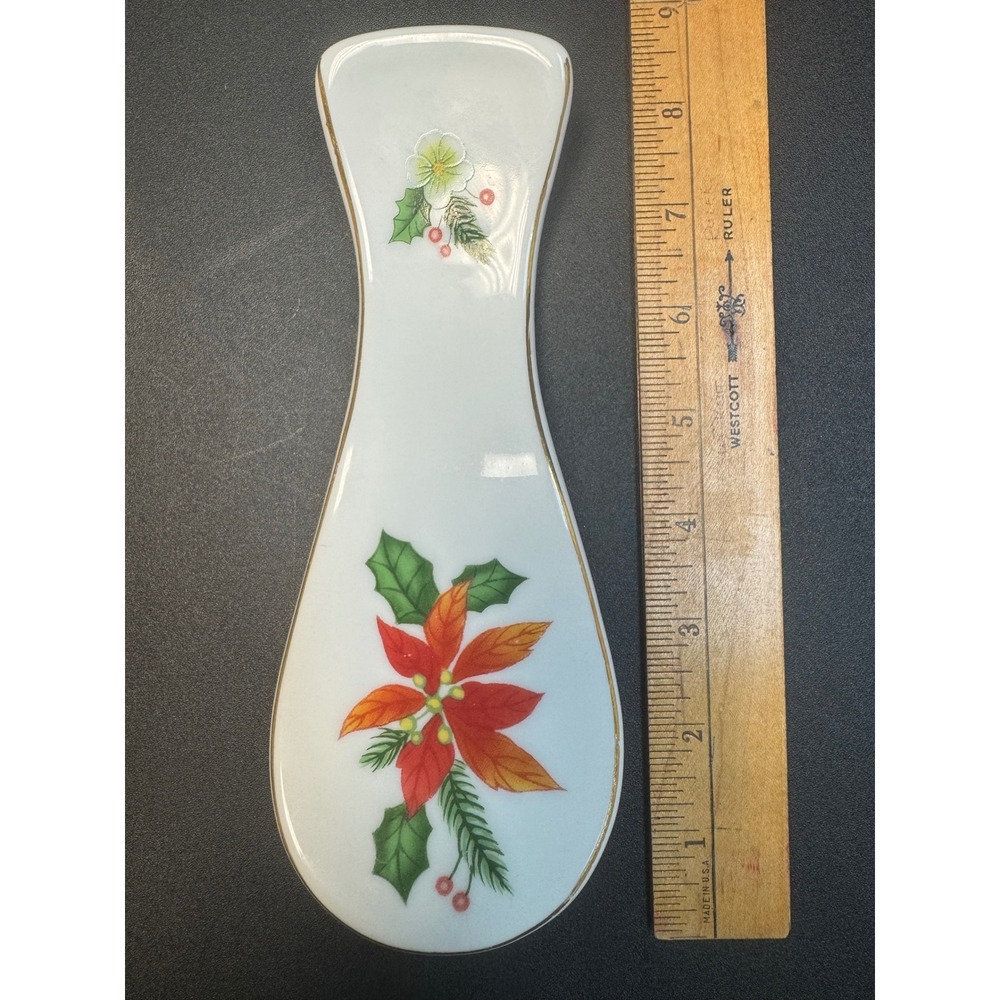 Royal Norfolk Christmas Poinsettia Stoneware Spoon Rest White Gold Trim Holiday